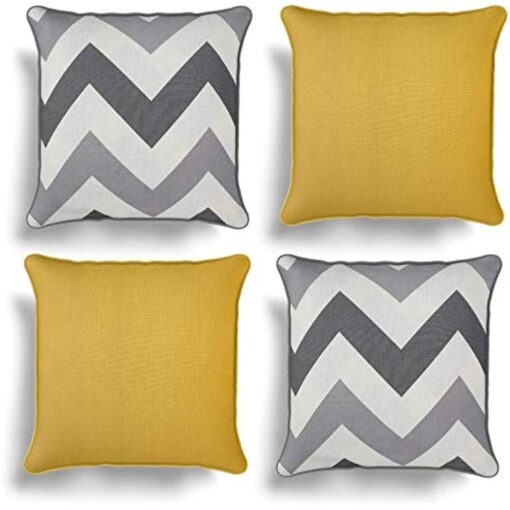 Set of 4 Grey & Ochre Cushion Covers, Pack of Four Matching Chevron Stripe and Plain Design Cotton Cushion Covers, Piped Trim Cushion Cases, Sofa Chair Throw Pillow Cases, 17" x 17", 43cm x 43cm