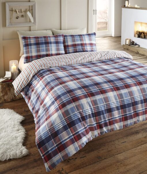 Warm Cosy Thermal Bedding Angus Blue Flannel Brushed Cotton Double Bed Cover Set