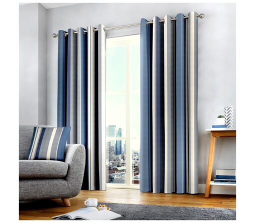 Whitworth Stripe Blue Pair Eyelet Curtains by Fusion - 90-x-72-228cm-x-182cm
