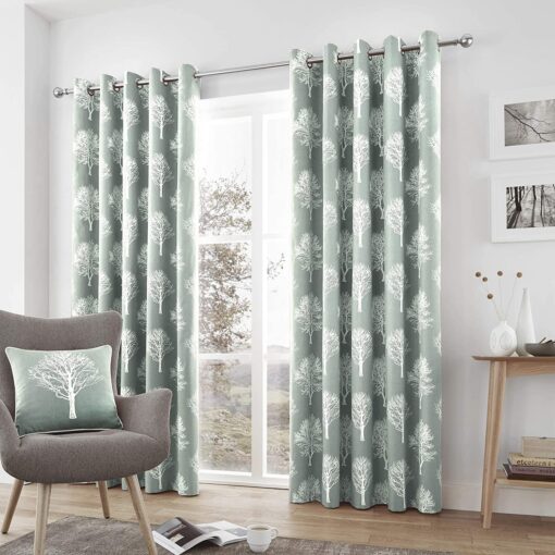 Woodland Trees Duck Egg Blue Eyelet Curtains by Fusion - 90-x-90-228cm-x-228cm