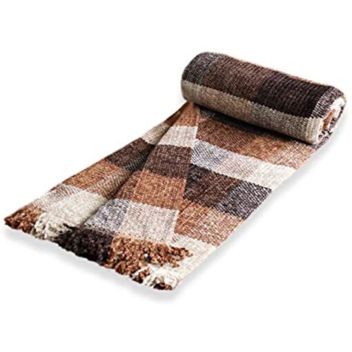 Zara Chenille Throw, check pattern with tassels in Chocolate