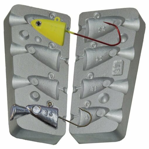 Aluminium Fish Head Jig Mould Four Jigs per Cast, 32g - 14g Uses VMC Red Hooks - cb46-plus-20-asstd-vmc-9147-jig-hooks