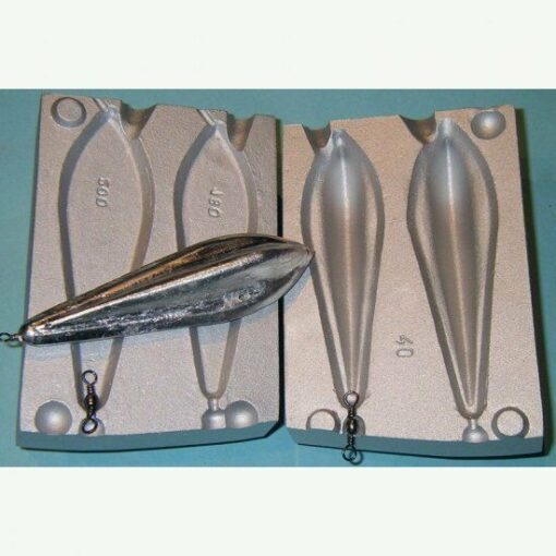 Aluminium Mould for 2 Flat Bottomed Finned Weights 200/180g - mould-plus-100-x-6-swivels