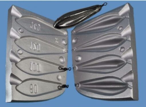 Aluminium Mould for a flat bottomed torpedo weight with top fin, Fast water