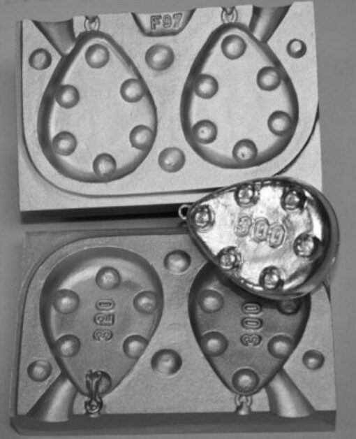 Aluminium Mould for Pear Shaped Grippa Leads300g and 350g with loops and swivels - cb97-100-1-loops-100-6-swivels