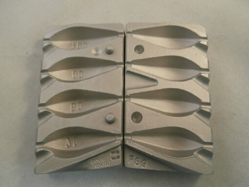 Inline bomb mould for hexagonal fishing weights, 4 in 1 mould, carp weights - cb69-100-x-8-swivels