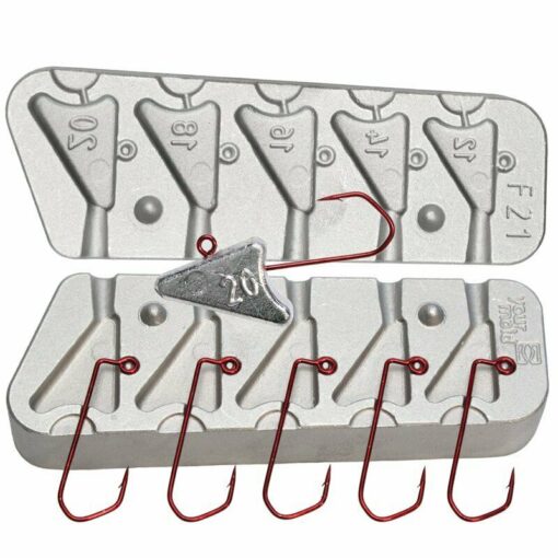 Mould for flat fish head jig Ideal kayak + rock fishing Uses 1/0 and 2/0 hooks - cm21n-25-asstd-vmc-hooks