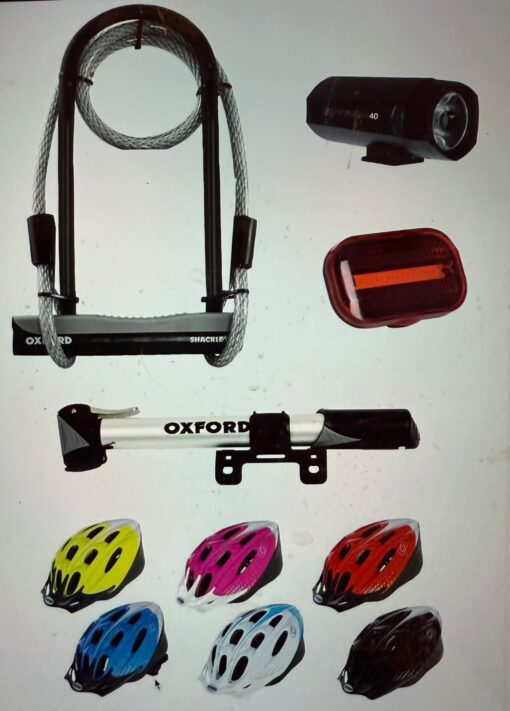 Oxford New Rider Pack: Helmet (Blue), U Lock, Front & Rear Lights & Mini Pump