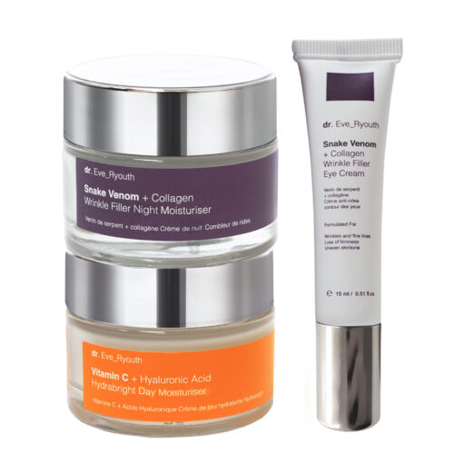 Vitamin C + Hyaluronic Acid Hydrabright Day Moisturiser 50ml + Snake Venom + Collagen Wrinkle Filler Night Moisturiser 50ml + Snake Venom + Collagen Wrinkle Filler Eye Cream 15ml
