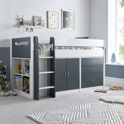 Lacy Grey and White Storage Mid Sleeper Bed And Orthopaedic Mattress