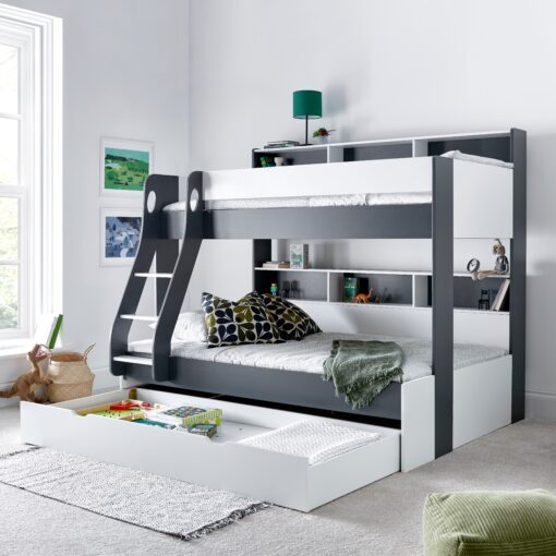 Oliver Grey and White Triple Sleeper Storage Bunk Bed With Drawer