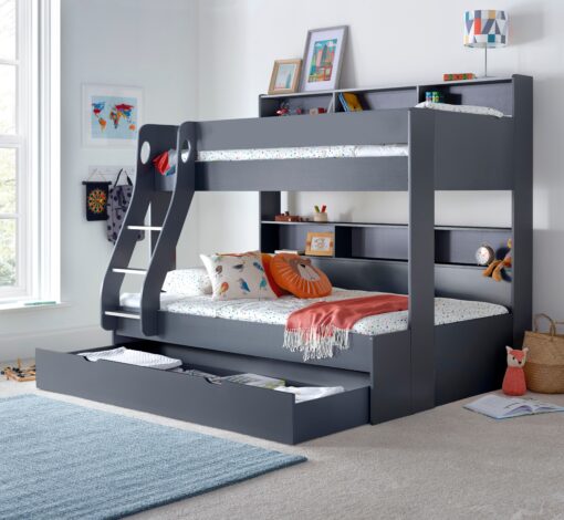 Oliver Onyx Grey Triple Sleeper Storage Bunk Bed With Drawer With Memory Foam Mattresses