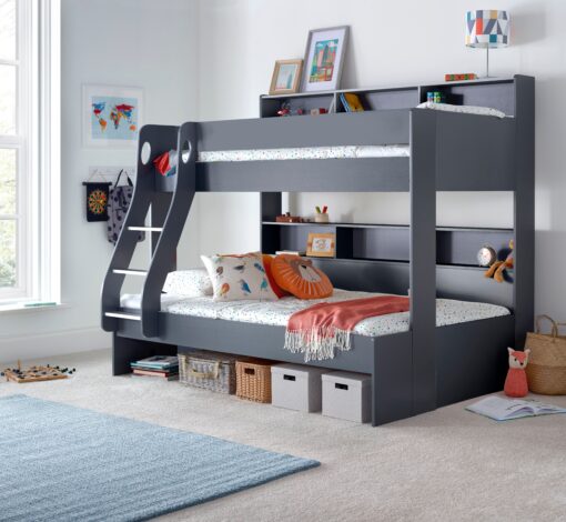 Oliver Onyx Grey Triple Sleeper Storage Bunk Bed Without Drawer With Memory Foam Mattresses