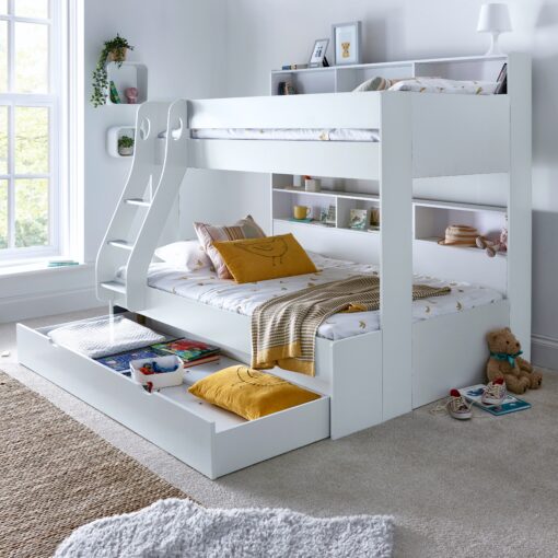 Oliver White Triple Sleeper Storage Bunk Bed With Drawer With Memory Foam Mattresses